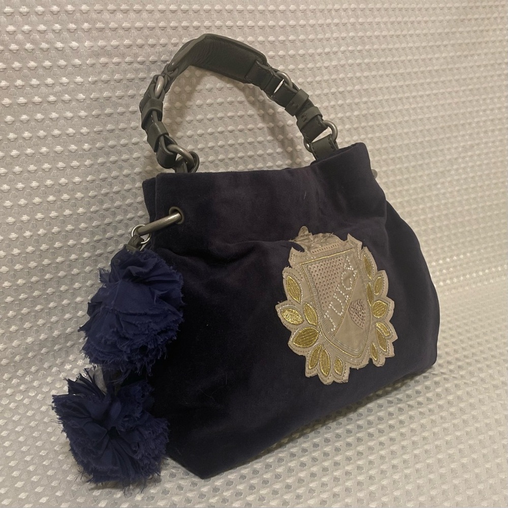 Y2K JUICY COUTURE Night Sky Velour Royal Crest Bag Braid Handle PomPom RARE #712